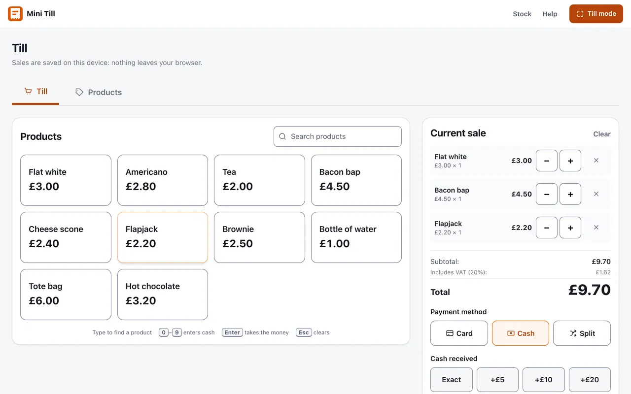 The Mini Till till screen on a tablet: a grid of products with prices, a current sale of a flat white, a bacon bap and a flapjack totalling £9.70, and the payment buttons for card, cash and split