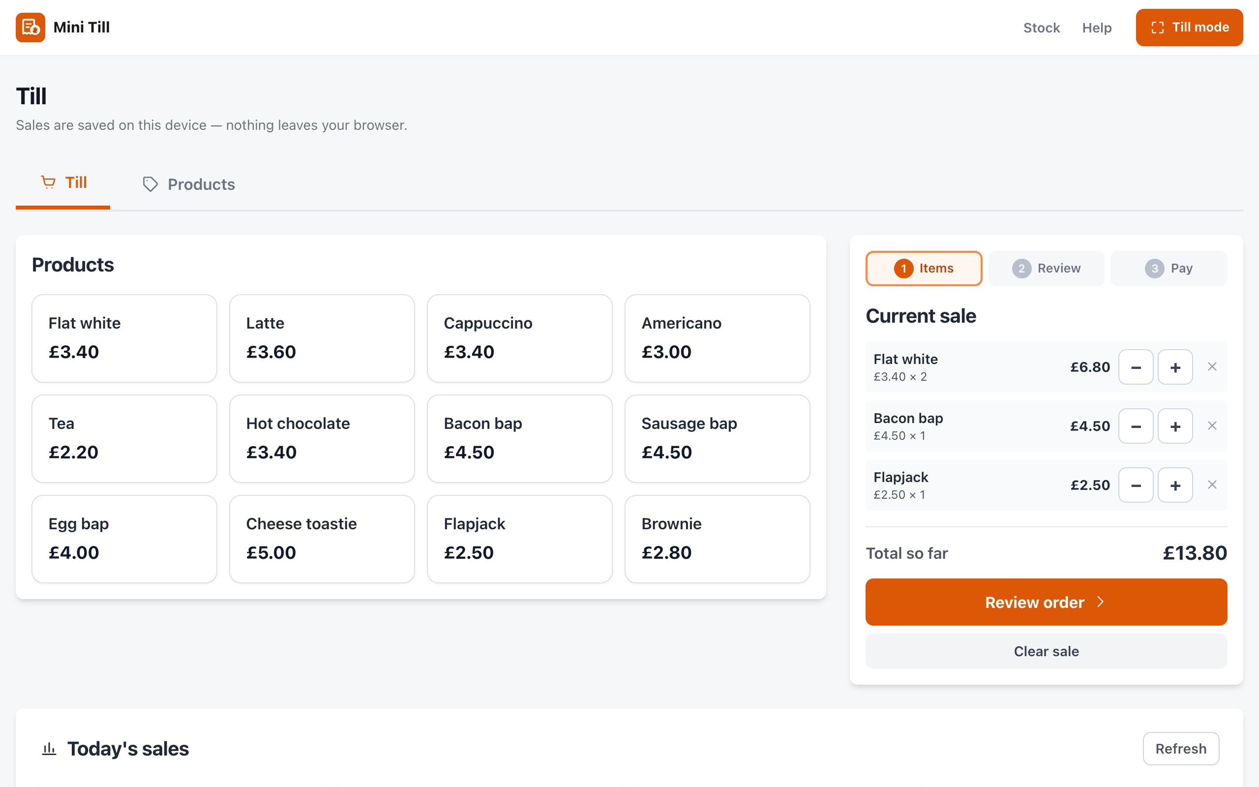 The Mini Till till screen on a tablet: a grid of products with prices, a current sale of two flat whites, a bacon bap and a flapjack, and a Review order button