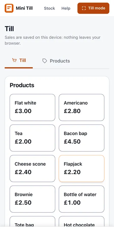 The same till on a phone, with the running total of £9.70 and a Review button pinned to the bottom of the screen