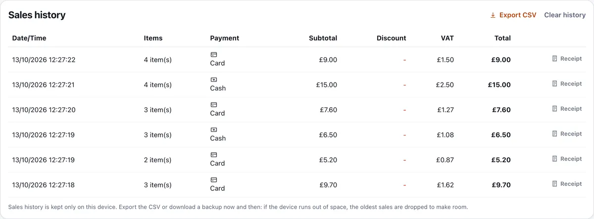 The Sales history table in Mini Till: each row has the date and time, the number of items, the payment method, the subtotal, discount, VAT and total, with an Export CSV button above it