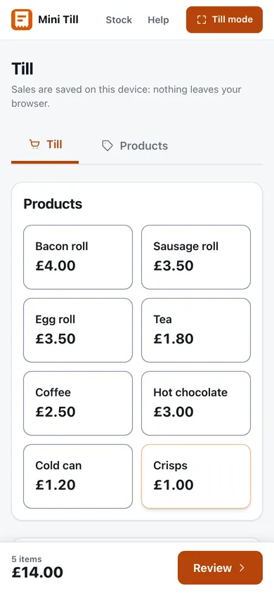The Mini Till product grid on a phone set up as a van menu: bacon roll, sausage roll, egg roll, tea, coffee, hot chocolate, cold can and crisps, each with a price